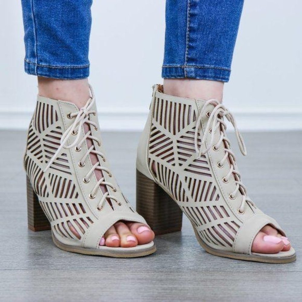 Open Toe Laced Up Spring Cut Out Ankle Booties - Picture 2 of 8